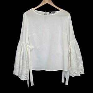 Ethereal White Eyelet Embroidered Bell Sleeve Top Boho Romantic Cottage Size L